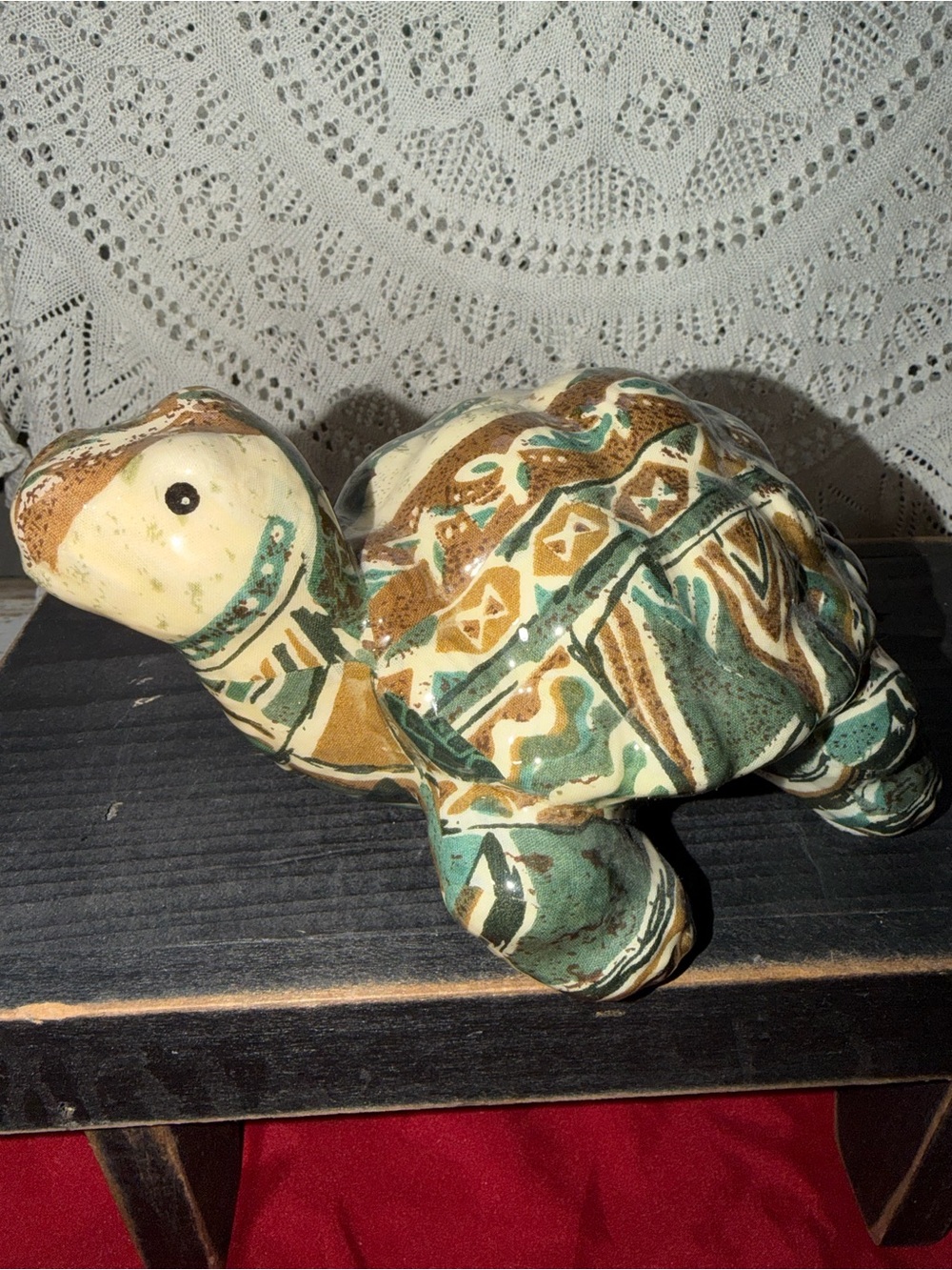 Ceramic Turtle Figurine in Green, Brown and Cream